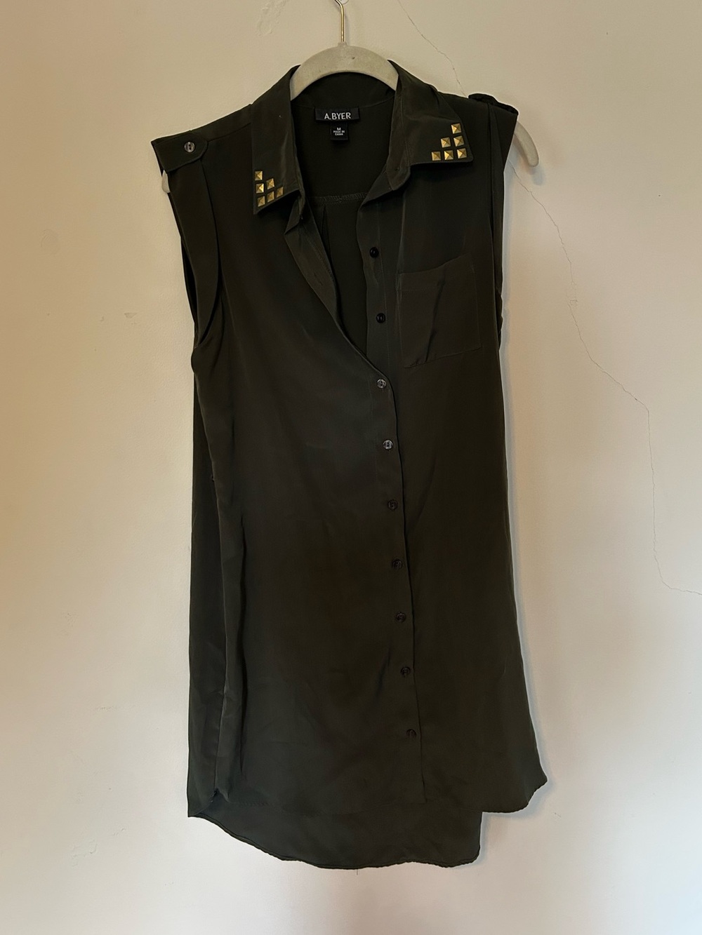 A. Byer Olive Stud-Trim Sleeveless Button Tunic